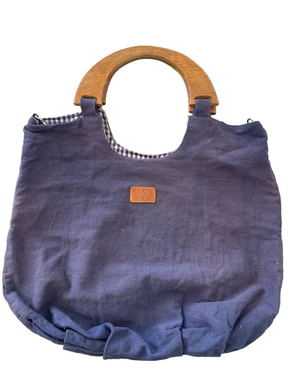 Vintage Basix Canvas Tote Bag Wood Handle Gingham Lined Cotton Classic Handbag